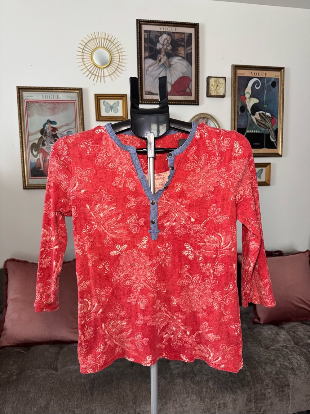 Women's Red Floral Henley Top with Contrast Trim